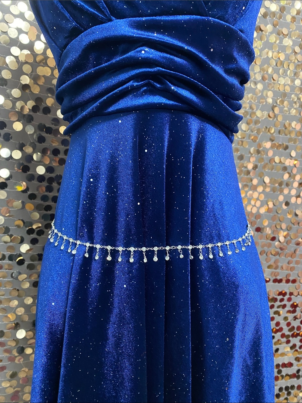 Silver tone rhinestone waist chain #354